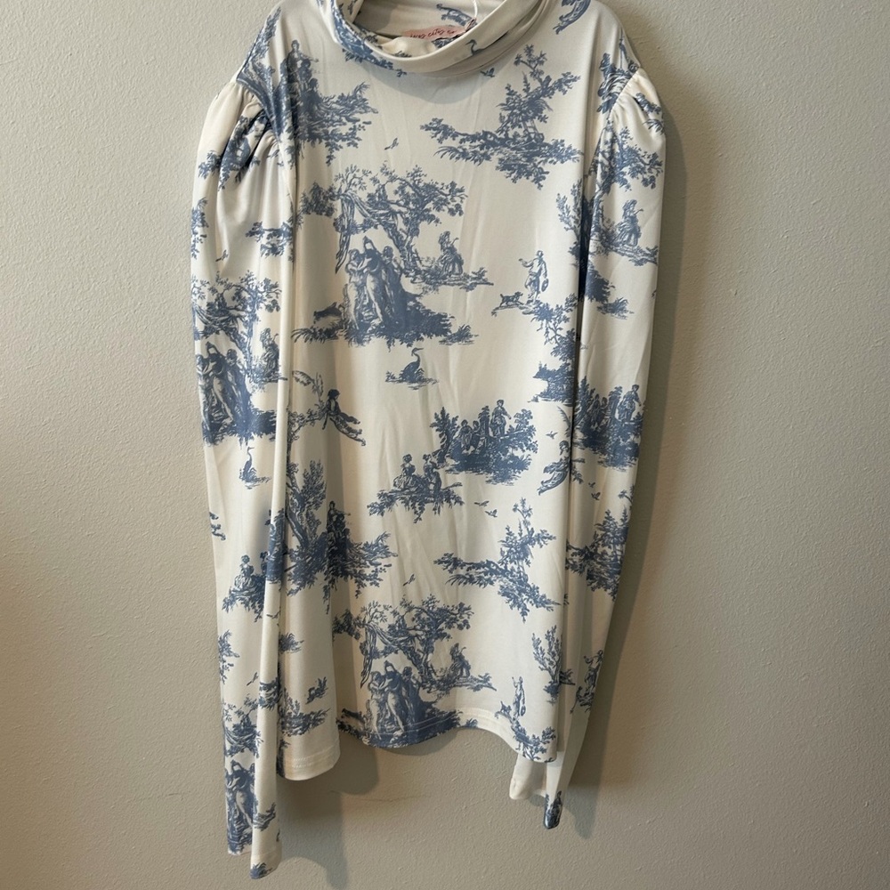 Ivy City Chinoserie Blue White Mock Neck Blouse